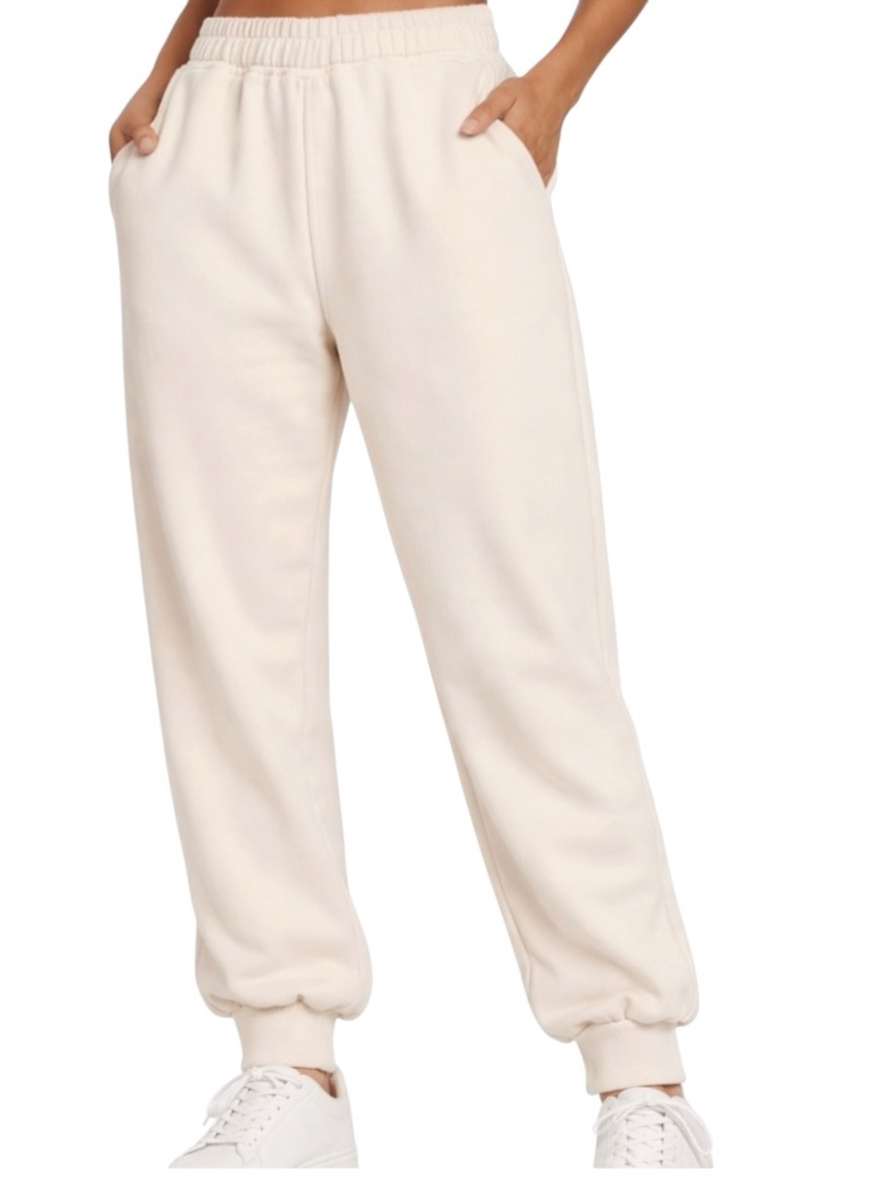Yovela Cream High Waist Baggy French Terry Jogger Sweatpants Cinch Cuff Pockets